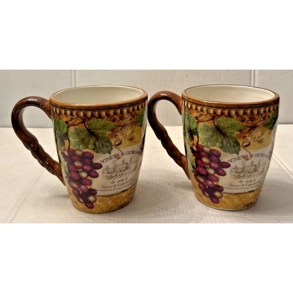 Susan Winget Certified International Gilded Wine (2) Mugs Grapes Vineyard Discon - Picture 2 of 7